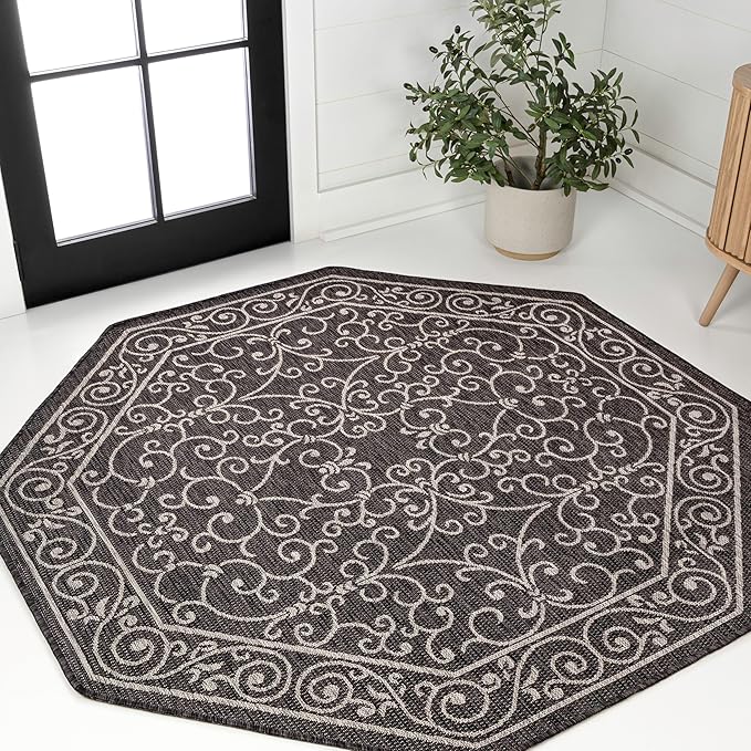 JONATHAN Y Vintage Filigree Indoor Outdoor Octagon Area Rug 8 Ft Black/Gray, Charleston Textured Weave for Backyard, Patio, Porch, Easy-Cleaning, High Traffic, Pet-Friendly Non-Shedding SMB106G-8TGN