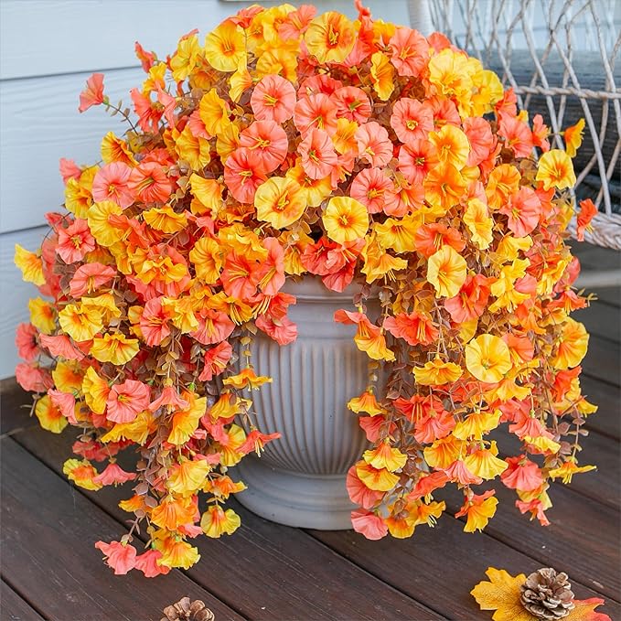 2 PCS Artificial Faux Fall Hanging Flowers Plants for Outdoor Decor,Fake Silk Morning Glory with Eucalyptus UV Resistant Mums for Wall Home Porch Patio Balcony Yard Indoor Decor (Fall Orange+Yellow)
