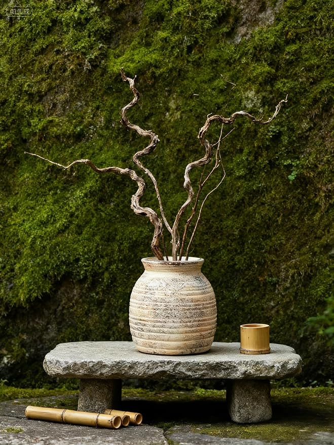 Rustic Vintage Ceramic Vases ，White Terracotta Decorative Flower Boho Vintage Wide-Mouth Vase for Living Room Bedroom Kitchen Office Decor Centerpiece Table Decorations 5.71Inch