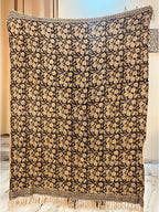 Handmade Cotton Throw Blanket, Floral Block Print, Black and Beige Wrap, 47x71 inches Decorative Woven Throw with Tassels