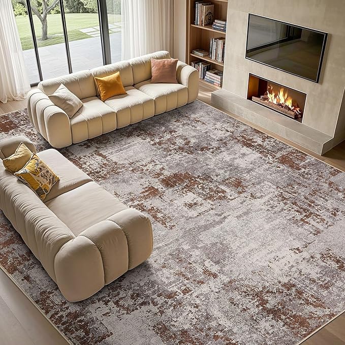 Tortania Washable 12x15 Area Rug for Living Room: Modern Abstract Neutral Large Soft Thin Rugs - Non Slip Indoor Carpet for Bedroom Dining Room Office Nursery Home Floor Decoration - Brown
