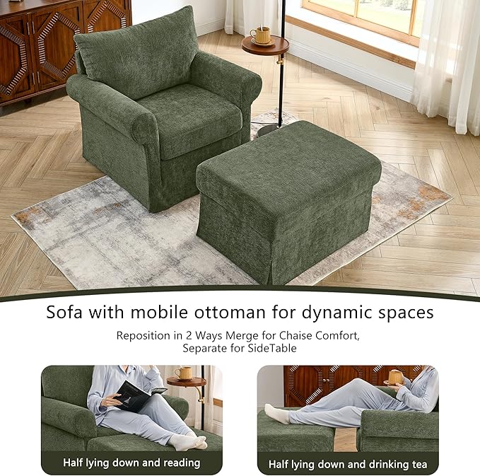 35.82” Accent Chair with Ottoman Upholstered Living Room Chairs for Reading Chair with Chaise Lounge Chairs Indoor, Comfortable Armchair for Bedroom (Green, 35.82")