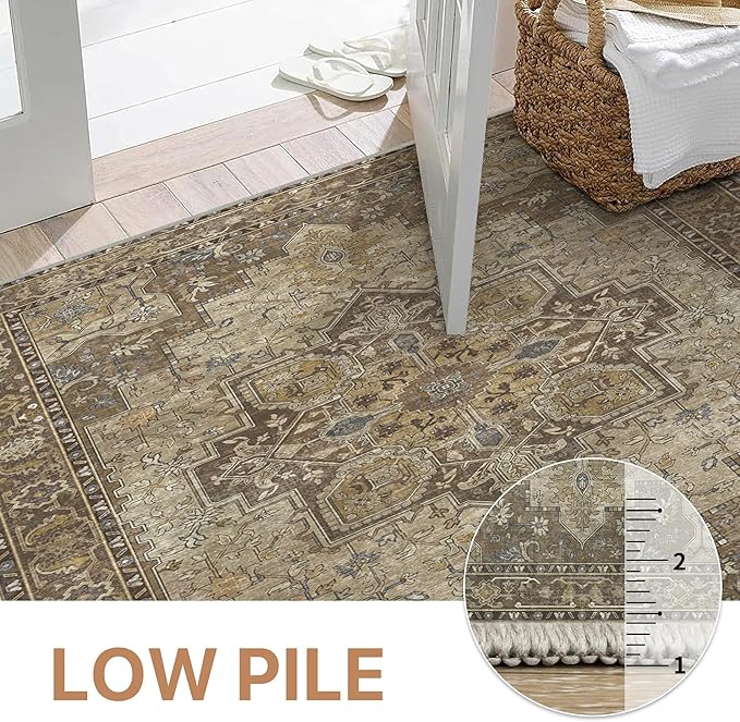 GENIMO 8x10 Area Rugs for Living Room, Machine Washable Non Slip Vintage Rugs, Low Pile Lightweight Chenille Print Rug for Bedroom, Dining Room, Home Office, Rustic Brown