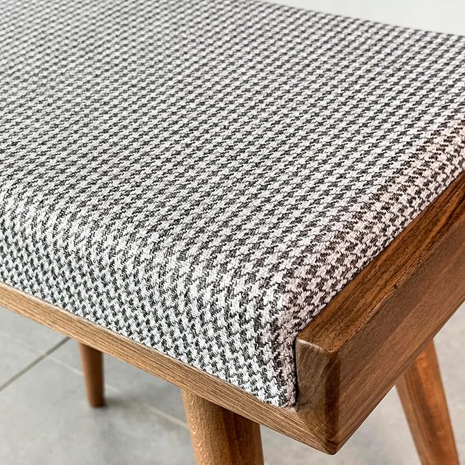Walnut Ottoman Stool for Living Room | Upholstered in Crowbar Pattern Fabric | Versatile as a Piano Bench | Ideal Bedroom Bench | Functional Footstool Bench