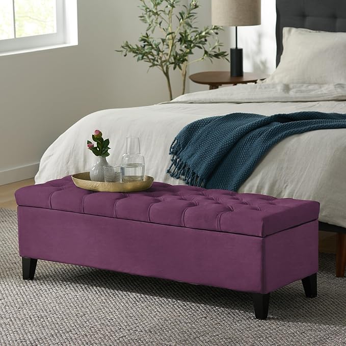 Christopher Knight Home Gloust Velvet Storage Ottoman, Upholstered Rectangular Storage Bench, Living Room Seating, Tufted BottonFoot Rest Stool for Home Office, Entryway and Bedroom, Purple