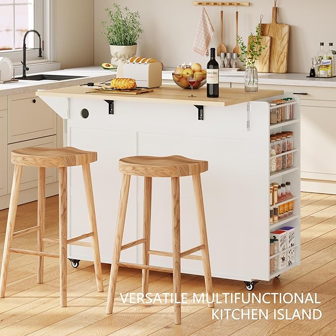 Kitchen Island with Drop Leaf & Power Outlet, Rolling Kitchen Island on Wheels with Trash Can Storage, Island Table Bar Cart with Spice Rack, Towel Rack, Drawers, Mobile Kitchen Carts on Wheels
