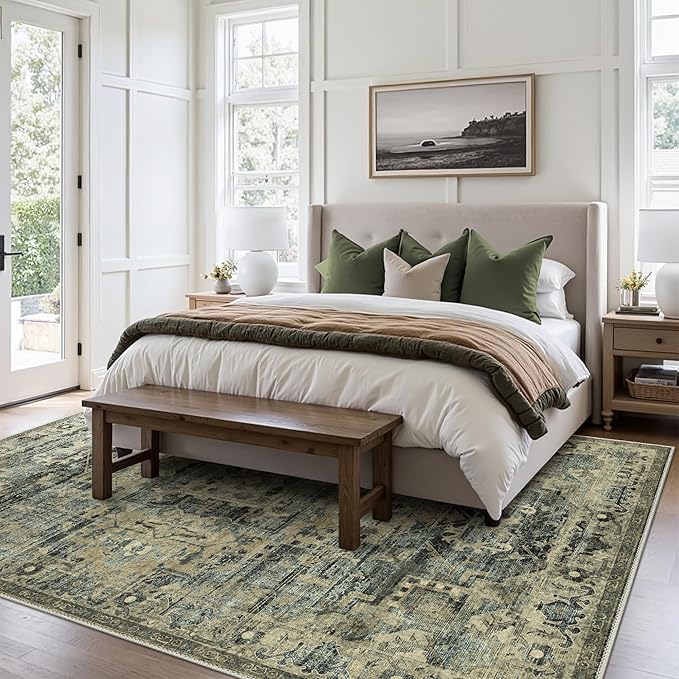 GENIMO Machine Washable 9x12 Area Rugs for Living Room, Non Slip Vintage Rugs, Low Pile Lightweight Chenille Print Rug for Bedroom, Dining Room, Home Office, Tawny Sage