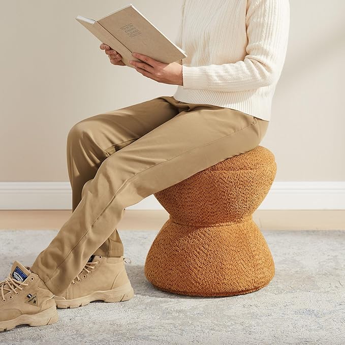 VANOMi Multi-Functional Boucle Ottoman, Vanity Stool Chair, Sturdy Rotating Wooden Footstool, Suitable for Living Room, Bedroom, and Entryway, Without Installation, Swivel, Curry