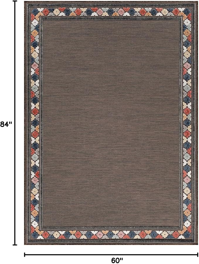 Beverly Rug Outdoor Rug 5x7 Modern Bordered Area Rugs for Indoor and Outdoor Patio Easy to Clean Non Shedding Living Room Porch Garden Washable Outside Carpet (5 x 7 Brown)