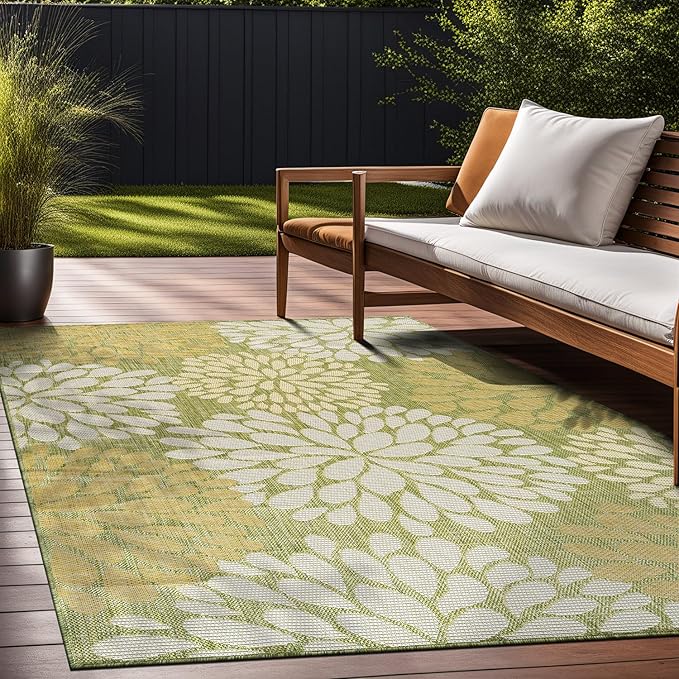 Beverly Rug Outdoor Rug 10x14 Modern Exotic Tropical Leaf Area Rugs for Indoor and Outdoor Patio Deck Porch Garden Water Resistant Washable Outside Carpet (10 x 14 Green)