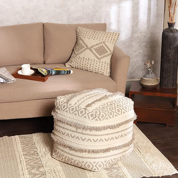 REDEARTH · Tufted Pouf Ottoman with Filler Textured Storage Cube Bean Bag Pouffe Footrest for Living Room, Bedroom, Nursery, Kidsroom; 100% Cotton (17.5"X17.5"X17.5", Geometric Craft Taupe)