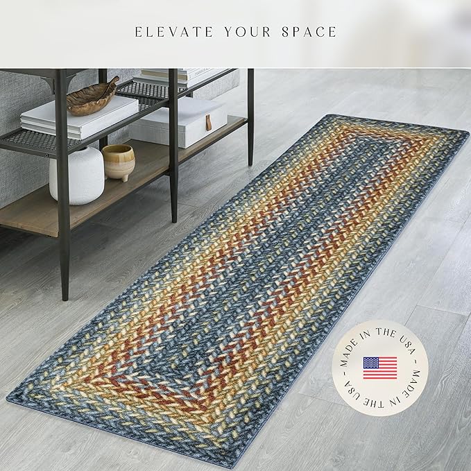Maples Rugs Marion Bohemian Braided Design Print Runner Rug – Made in USA – Washable, Non Slip Indoor Long Carpet for Hallway, Kitchen, and Laundry Room, 2' x 8', Multi-Color