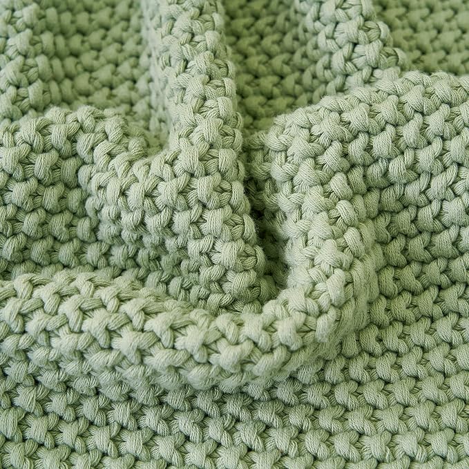 Chunky Cable Knit Throw Blanket Lightweight Light Green 100% Organic Cotton Blanket for Sofa Couch Bed Baby Nursery, Rustic Shabby Chic Modern Farmhouse, 51” x 63” Bonus Laundering Bag