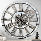 The B-Style Large Real Moving Gears Wall Clock 30 inch Rustic Retro Industrial Farmhouse Wood Clock Oversized Decorative Vintage Wall Clocks for Living Room (Gray White, 30 Inch/76CM)