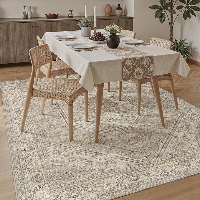 DCX Machine Washable Brown and Beige Area Rug 5x7, Non Slip Stain Resistant Vintage Floral Rug for Living Room Bedroom Nursery, Soft Low Pile Large Carpet