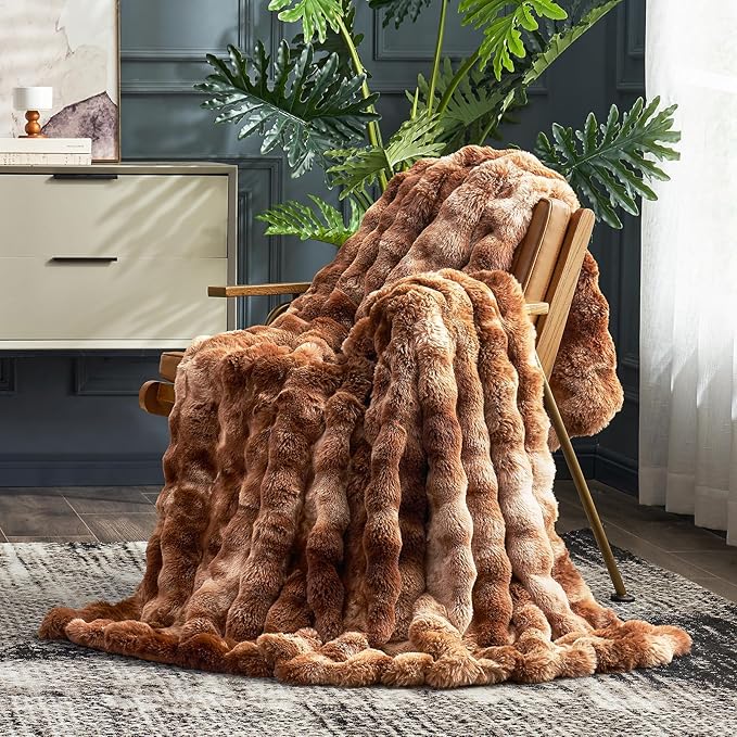Cozy Bliss Faux Fur Throw Blanket for Couch, Fuzzy Soft Plush Thick Bubble Blanket for Sofa Bedroom Living Room, 60 * 80 Inches Tie Dye Brown