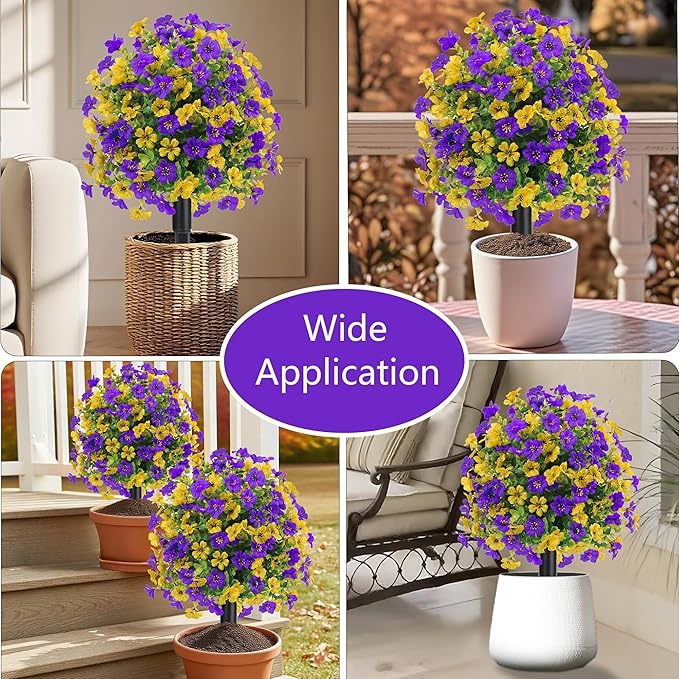22.8" Set of 2 Fall Artificial Boxwood Topiary Ball with Spikes,UV Resistant Fake Outdoor shrubs with Violet Flowers, Faux Plants Bushes for Garden Front Porch Yard Patio Decor (Yellow+Purple)