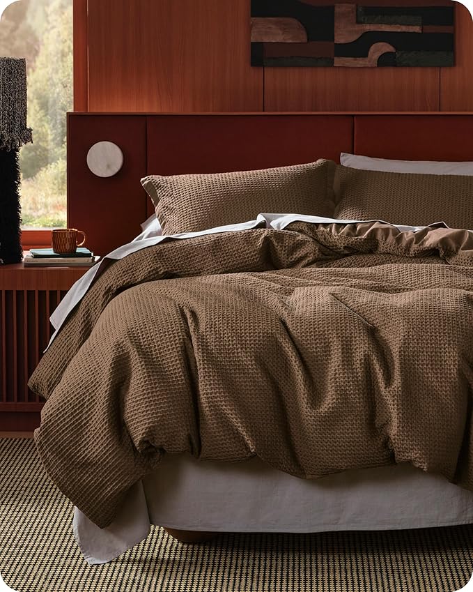 Bedsure Cotton Duvet Cover King - 100% Cotton Waffle Weave Brown Duvet Cover King Size, GentleSoft™ and Breathable Bedding Set for All Season, 3 Pieces, 104"x90"