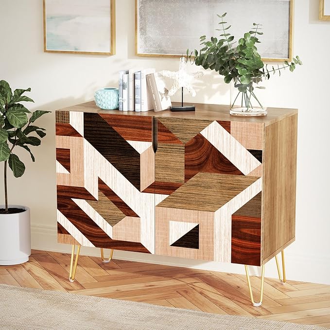 SIGNWIN Sideboard Buffet Cabinet, Kitchen Storage Cabinet with 2 Doors, Mid-Century 3D Polygon Collage Geometry, Cupboard Console Table for Dining Room - 35" L x 18" W x 29" H
