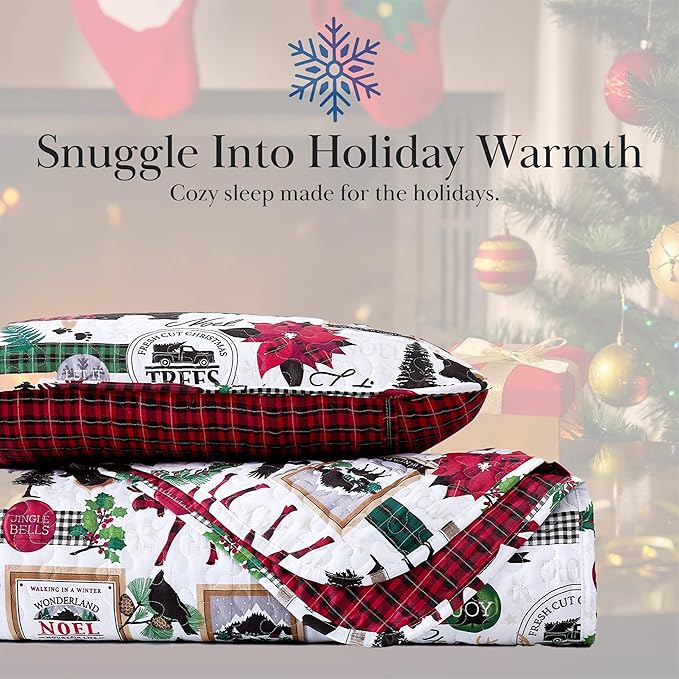 Southshore Fine Living, Inc. Twin Size Christmas Quilt with Matching Pillow Sham, Holiday Bedding Set, Twin/Twin XL Holiday Quilt Set, Reversible Red Plaid Quilt Over Rustic Cabin Print