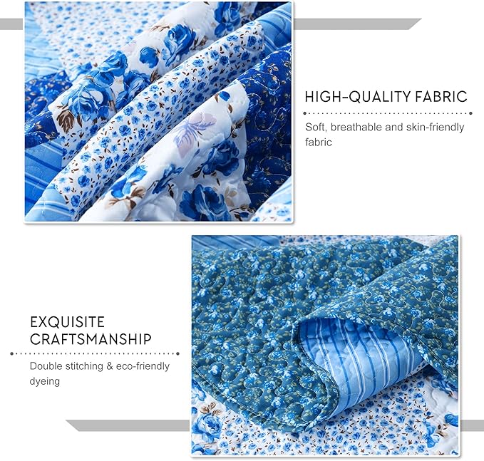 Travan Bedspread Quilt Sets 3-Piece Lightweight Coverlet Set with Shams Reversible Quilted Bedding Set, Blue Floral Patchwork, Queen Size