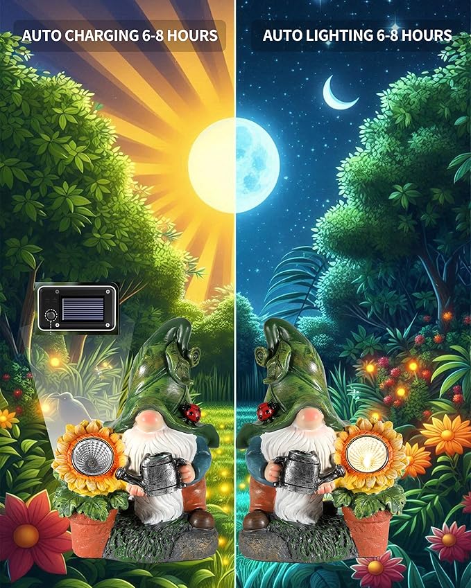 Solar-Powered Large Garden Gnome Watering Can Sunflower - 12 in Garden Decor Gnomes Decorations for Yard Lawn Ornaments Outside Statue Figurine LED Lights (Gnome)