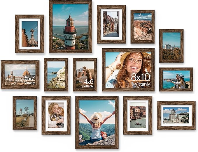 Vittanly 15 Pack Picture Frames Collage Wall Decor for Mounting or Tabletop Display, Gallery Frame Set for Family, Multi Sizes Including 3pcs 8x10, 6pcs 5x7, 6pcs 4x6, Brown