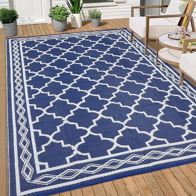 GAOMON Outdoor Plastic Straw Rug, 10'x20' Reversible Sage Green Patio Mat, Flower Modern Design for RV, Backyard, Deck, Camping, Picnic, Navy/White(Geometric)