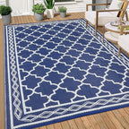 GAOMON Outdoor Rug 9'x12' Waterproof Rug for Patio Decor, Foldable Reversible Plastic Straw Area Rugs Mat for Camper, Outside Carpet for Deck, Porch, Picnic, Beach, Navy/White(Geometric)
