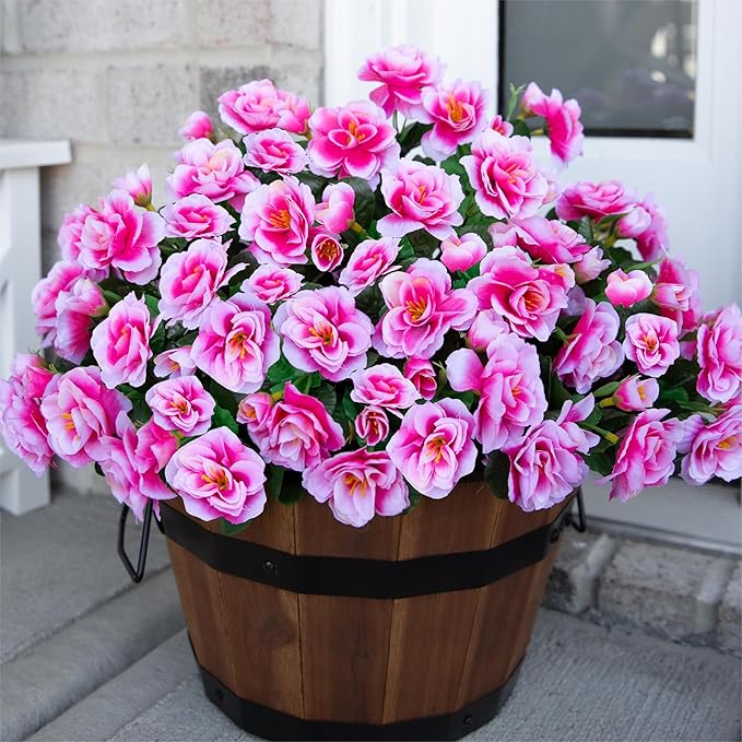 Artificial Fake Outdoor Outside Flowers Plants For Fall Decor, Faux Silk Pink Camellia UV Resistant Realistic for Front Door Porch Patio Planter Balcony Garden Yard Home Decor, 3 Large Bundles