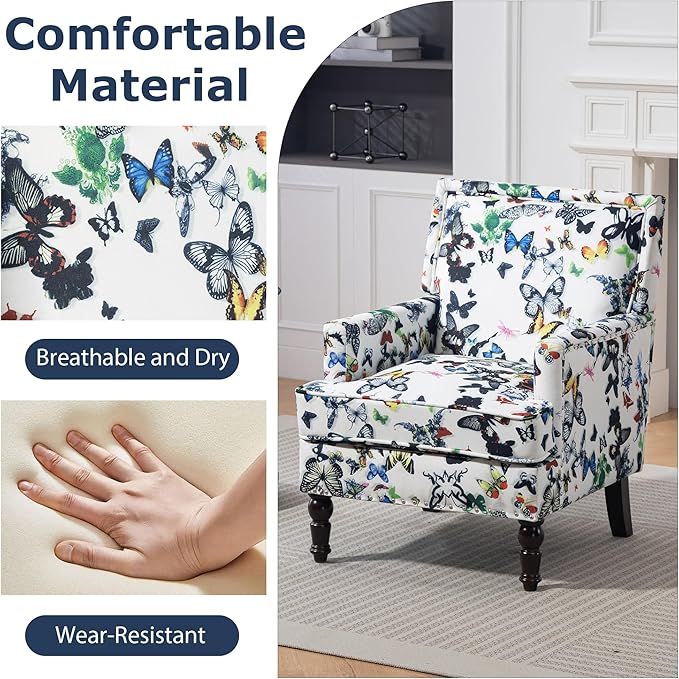 Accent Chair, Modern Comfy Mid-Century Anthropologie Accent Chairs, Linen Upholstered Wingback Lounge Arm Chair with Solid Wood,Single Floral Pattern Chair for Living Room/Balcony/Bedroom