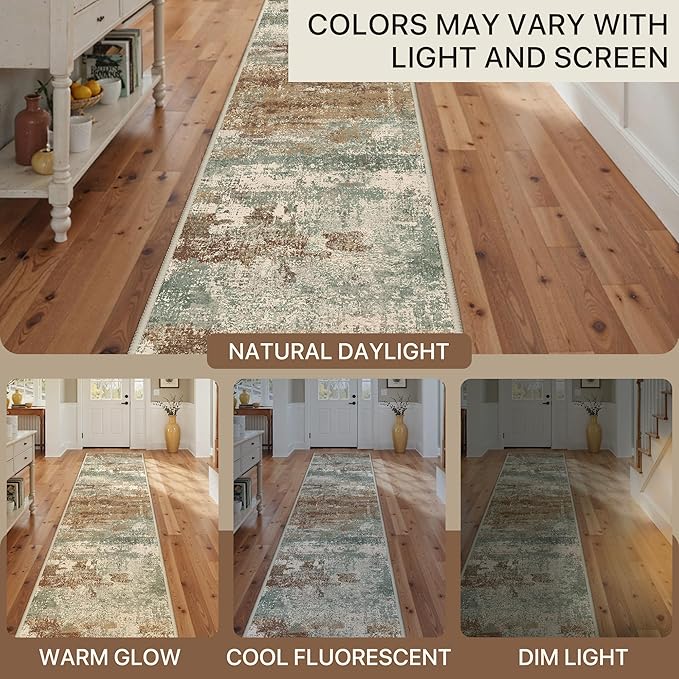 Runner Rug for Hallway Kitchen, 2'6"x6' Machine Washable Runners Rug for Entryway, Soft Modern Abstract Throw Rugs, Low Pile Floor Cover with Non Slip Backing, Orange Green