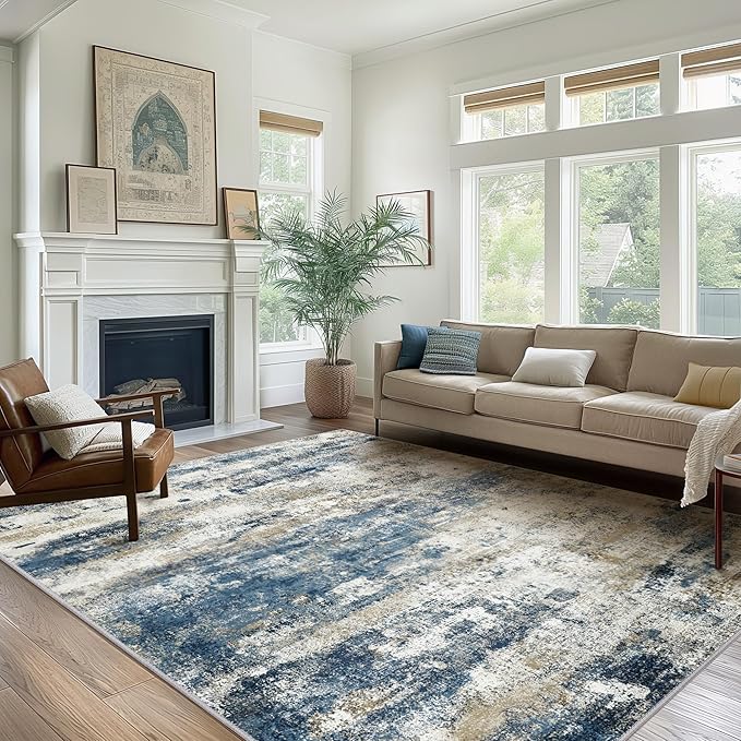 Area Rugs 10x14 for Living Room Bedroom, Modern Abstract Machine Washable Rug, Large Soft Low Pile Floor Carpet with Non Slip Backing for Dining Room, Navy Blue Beige