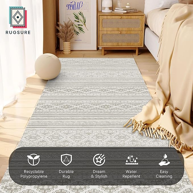 RUGSURE Washable Area Rugs 2'6'' x 8' - 1/6 Thick - Moroccan-Inspired -Stain & Water Resistant Non-Slip - Resistant Rug for Living Room, Bedroom, Nursery, Pet & Child Friendly (Grey)