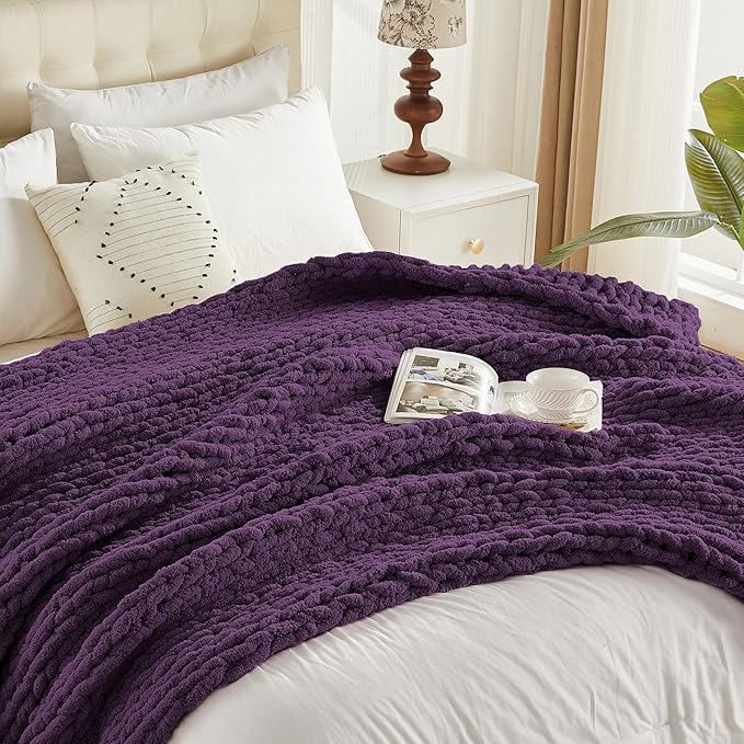 Carriediosa Chunky Knit Throw Blanket 50" X 60", 100% Hand Made Large Chenille Loop Yarn Soft Fluffy Throws for Couch Sofa Bed, Big Crochet Cozy Heavy Thick Cable Woven Blanket, Dark Purple