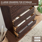RedLemon 5 Drawers Dresser for Bedroom, 48'' Tall Mid Century Modern Wood Fluted Dresser, Chest of Drawers with Tapered Leg for Bedroom, Living Room, Hallway, Closet, Dark Walnut