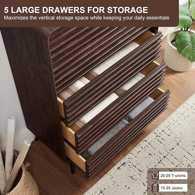 RedLemon 5 Drawers Dresser for Bedroom, 48'' Tall Mid Century Modern Wood Fluted Dresser, Chest of Drawers with Tapered Leg for Bedroom, Living Room, Hallway, Closet, Dark Walnut