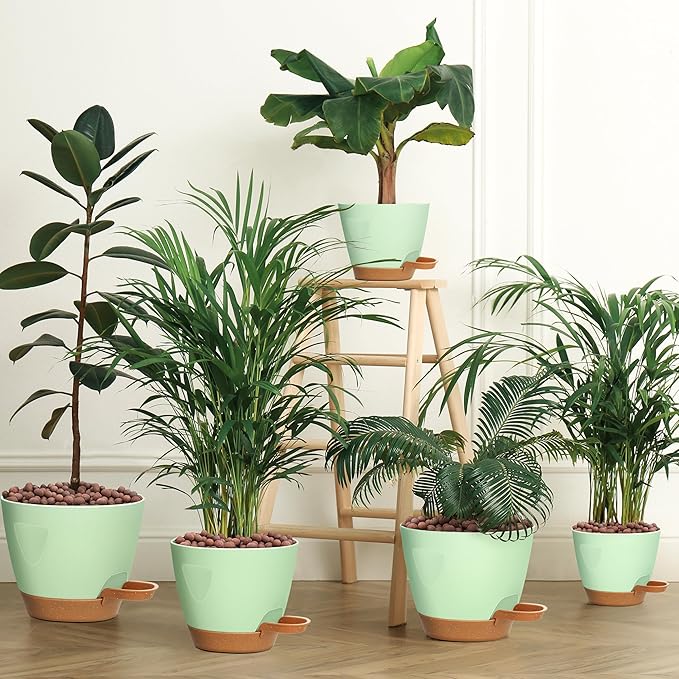 Uneed Indoor Self Watering Planters with Drainage Holes and Saucers, 7/6.5/6/5.5/5 Inch-5 Pots,for Indoor Plants, Herbs, Succulents-Green