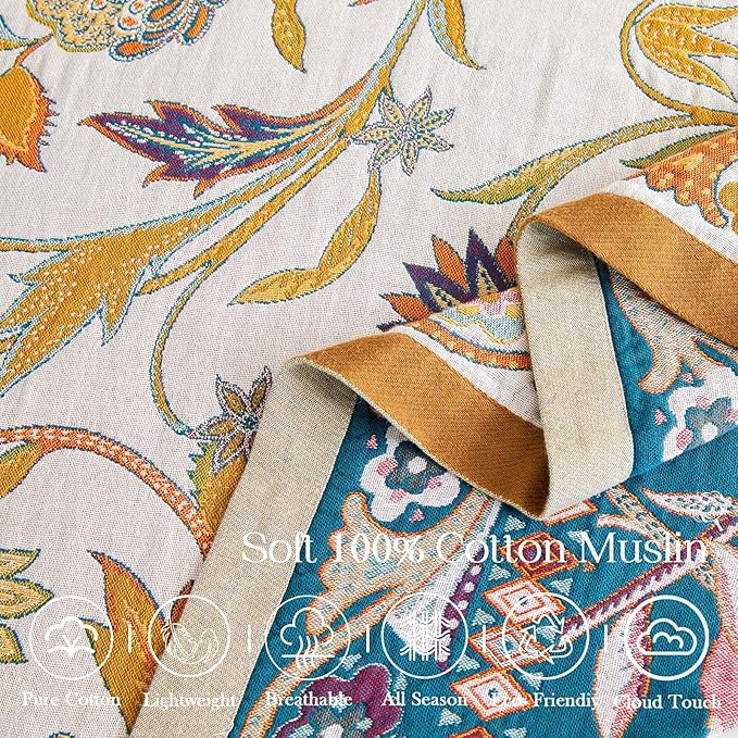 Fall Throw Blanket for Couch, Brown Boho Decorative Throw Blanket, 100% Cotton Muslin Breathable Woven Farmhouse Blankets Quilt, 60"x80" Reversible Lightweight Blankets Bohemian Throw Quilt