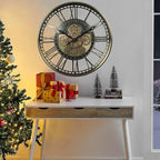 CLXEAST 21 Inch Large Moving Gears Wall Clock for Modern Farmhouse Living Room Decor, Brass Gold Roman Numerals Wall Clock Battery Operated,Reloj De Pared para Sala