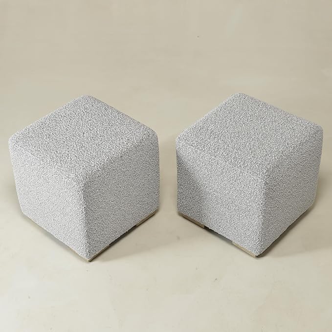 KINWELL 18.5" Wide Modern Square Boucle Upholstered Ottoman with Solid Wood Legs Set of 2, Cube Ottoman Multi-Functional Sofa Footrest for Living Room, Bedroom, Fully Assembled (Black and White)