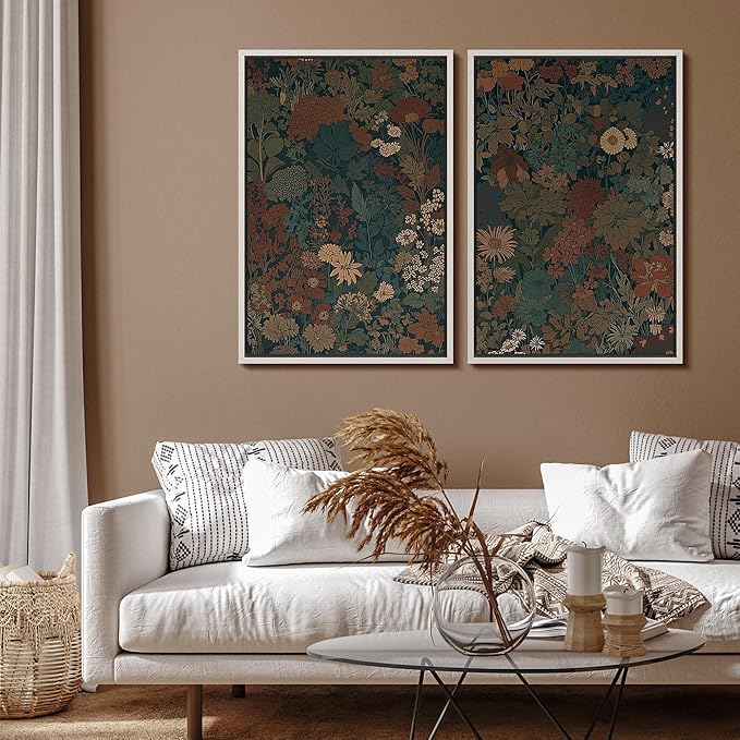 SIGNFORD Framed Canvas Print Wall Art Set Vintage Botanical Floral Dark Green and Rust Toned Illustration Modern Art Decorative Nordic Nature for Living Room, Bedroom, Office - 16"x24"x2 White