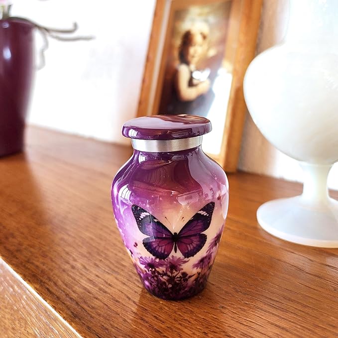 Olivia Memorials Urn for Ashes Women Men - Cremation Urns for Adult Male Female Human - Large Urns for Mom - mall Mini Keepsake (Purple Butterfly, 1 Small Keepsake)