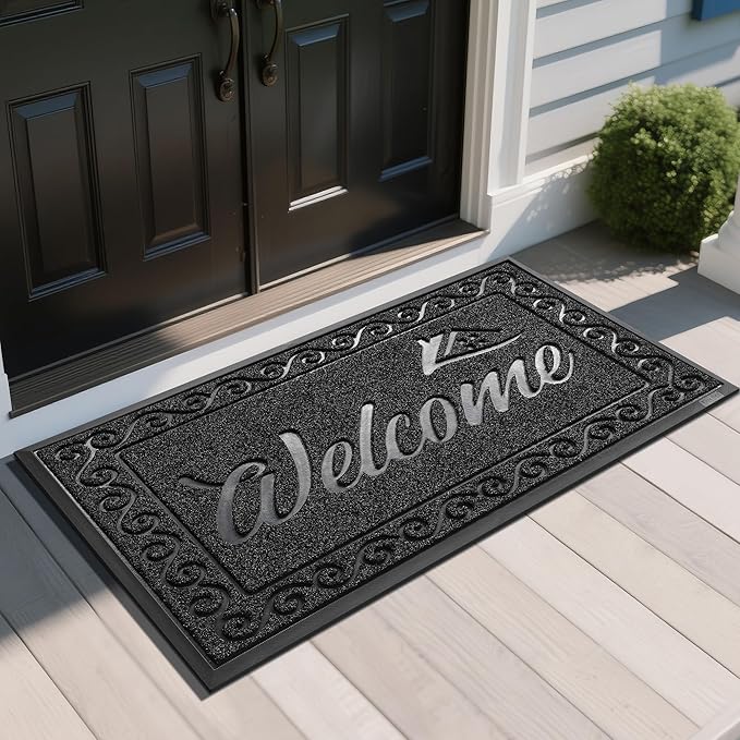 Yimobra Welcome Mat, Heavy Duty Sturdy Door Mats for Home Entrance Outdoor Indoor, Front Doormat for Outside Patio Floor Entry Porch Garage Office, Waterproof, Low Profile, 47 x 24, Black