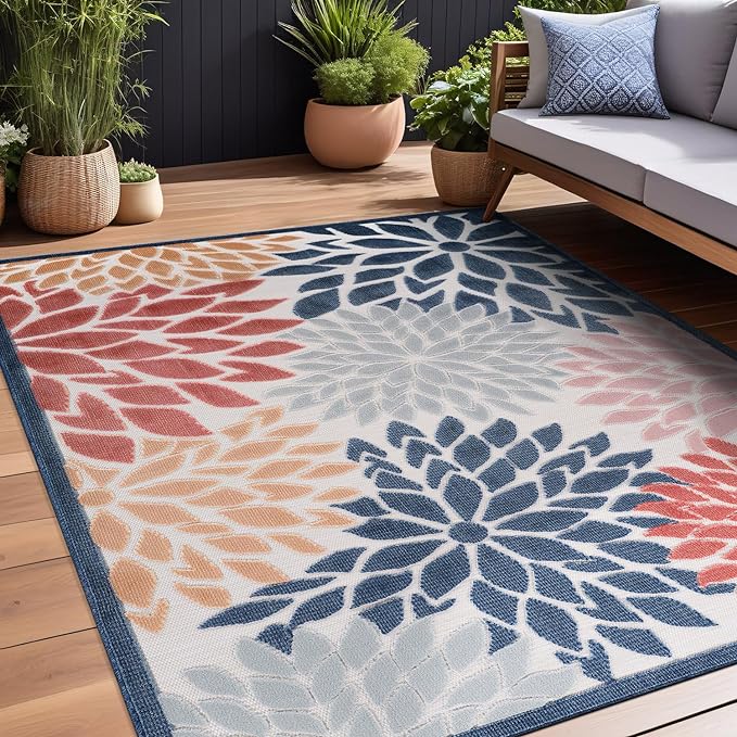 Beverly Rug Outdoor Rug 8x10 Modern Floral Tropical Area Rugs for Indoor and Outdoor Patio Easy to Clean Non Shedding Living Room Porch Garden Washable Outside Carpet (8 x 10 Multicolor)