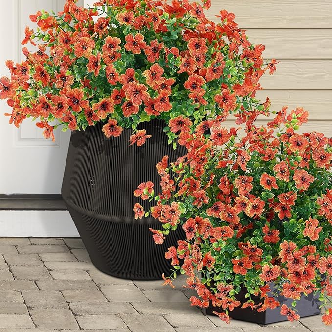 10 Bundles Artificial Faux Flowers for Outdoor,10Pcs Fake Flowers for Home Decor,Plastic Flowers Shrubs Lifelike Artificial Greenery Home Porch Stems Outside Deco(Orange)