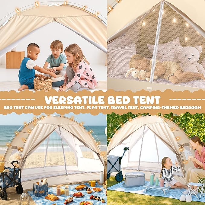 LEEDOR Bed Canopy for Kids/Adults,Mosquito Net & Privacy Tent 2-in-1 Bed Tent, Mesh & Blackout Cloth Double Design Dream Tent,Indoor Safety Bed Tent for Girls/Boys Full & String Lights (No Mattress)