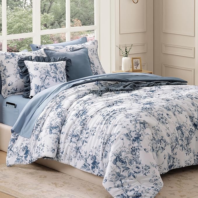 Full Comforter Set -7 Pieces Floral Blue Comforter Set for All Seasons, Bed in a Bag Full with Botanical Flowers Comforter, Sheets, Pillowcases & Shams