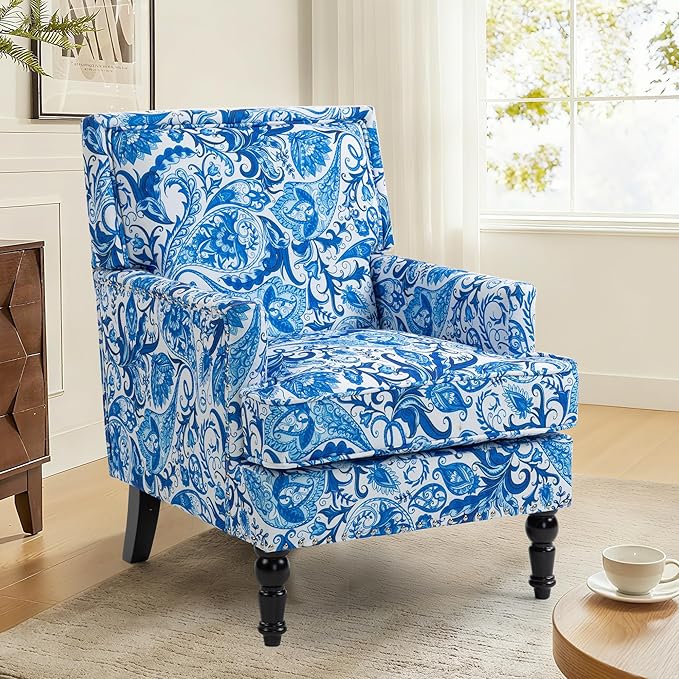 Accent Chair, Modern Comfy Mid-Century Anthropologie Accent Chairs, Linen Upholstered Wingback Lounge Arm Chair with Solid Wood,Single Floral Pattern Chair for Living Room/Balcony/Bedroom
