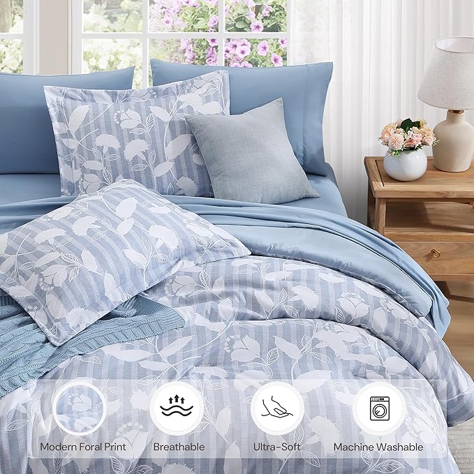 King Comforter Set -7 Pieces Blue Floral Comforter Set for All Seasons, Bed in a Bag King with Botanical Flowers Comforter, Sheets, Pillowcases & Shams